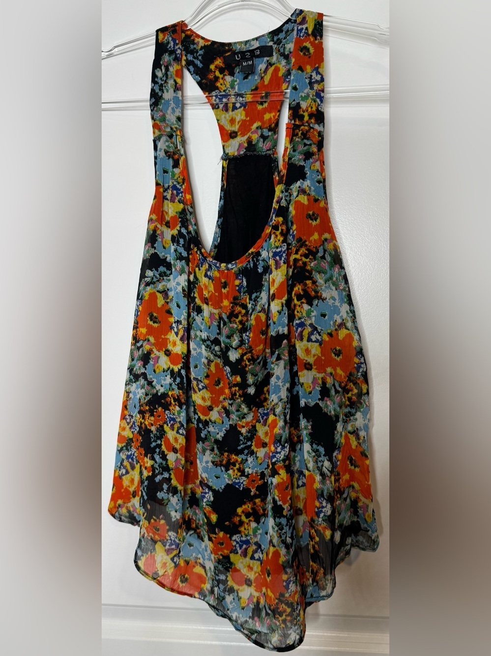 Floral Sleeveless Blouse in Orange & Blue - Women's Top flowy sz md boho